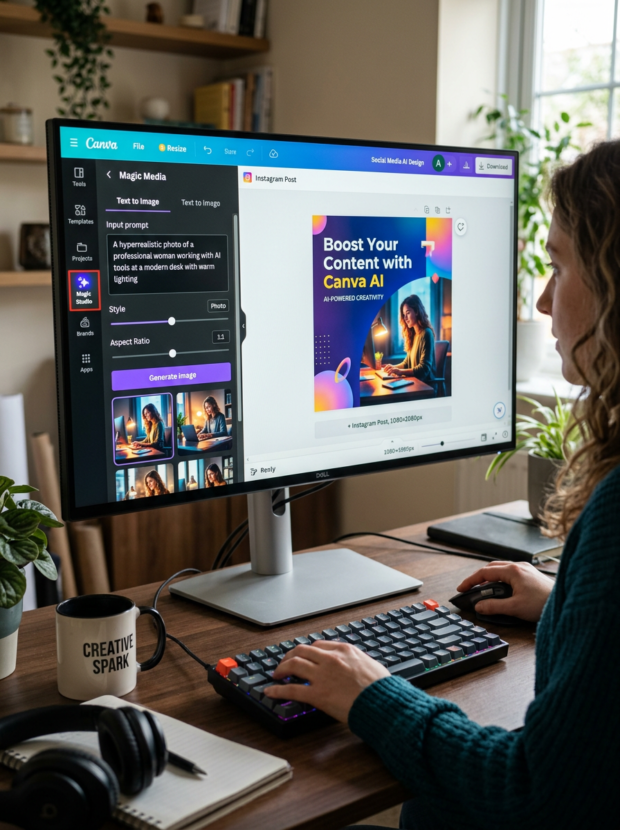 Person working on Canva AI interface designing an Instagram post about boosting content